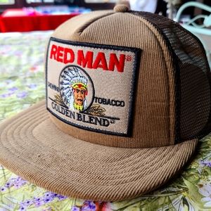 Red Man Chewing Tobacco Patch Truckers Hat Cap Corduroy Brown Retro Snuff Dip